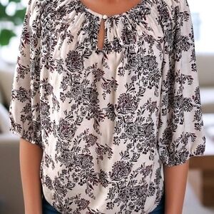 LOFT Floral Print Peasant Top Blouse Keyhole Neckline 3/4 Sleeves MP Boho Chic